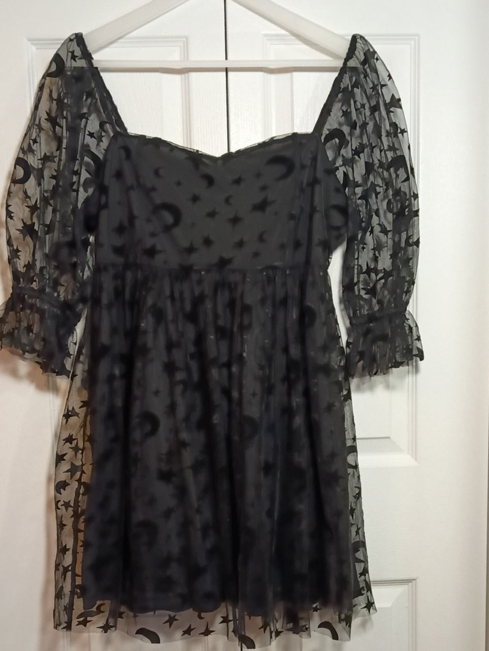 Mini Dress Black Moon & Star Puff Sleeve Small